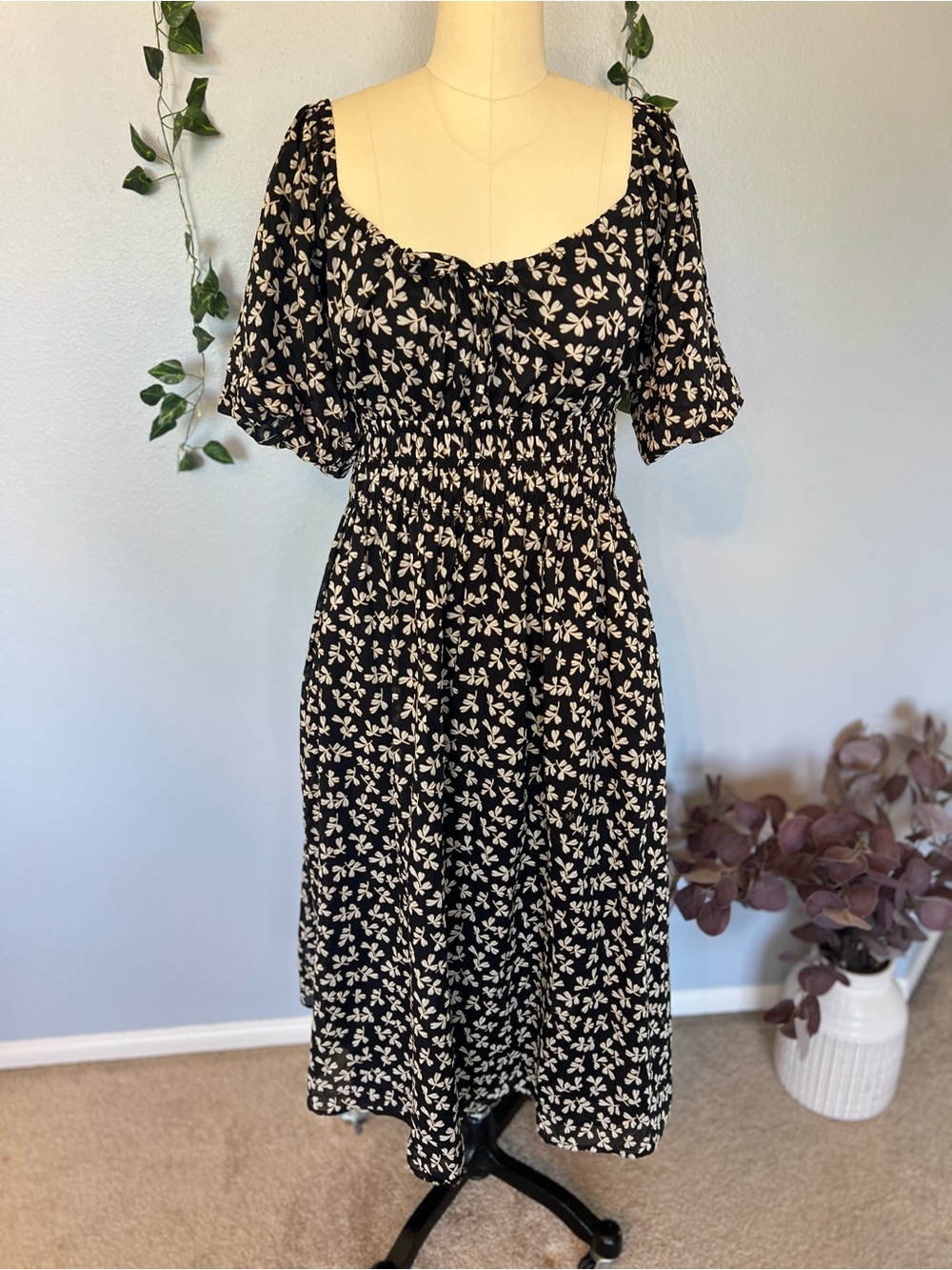 Tory Burch Little Leaves Smocked Midi Beach Dress Black White Cotton S